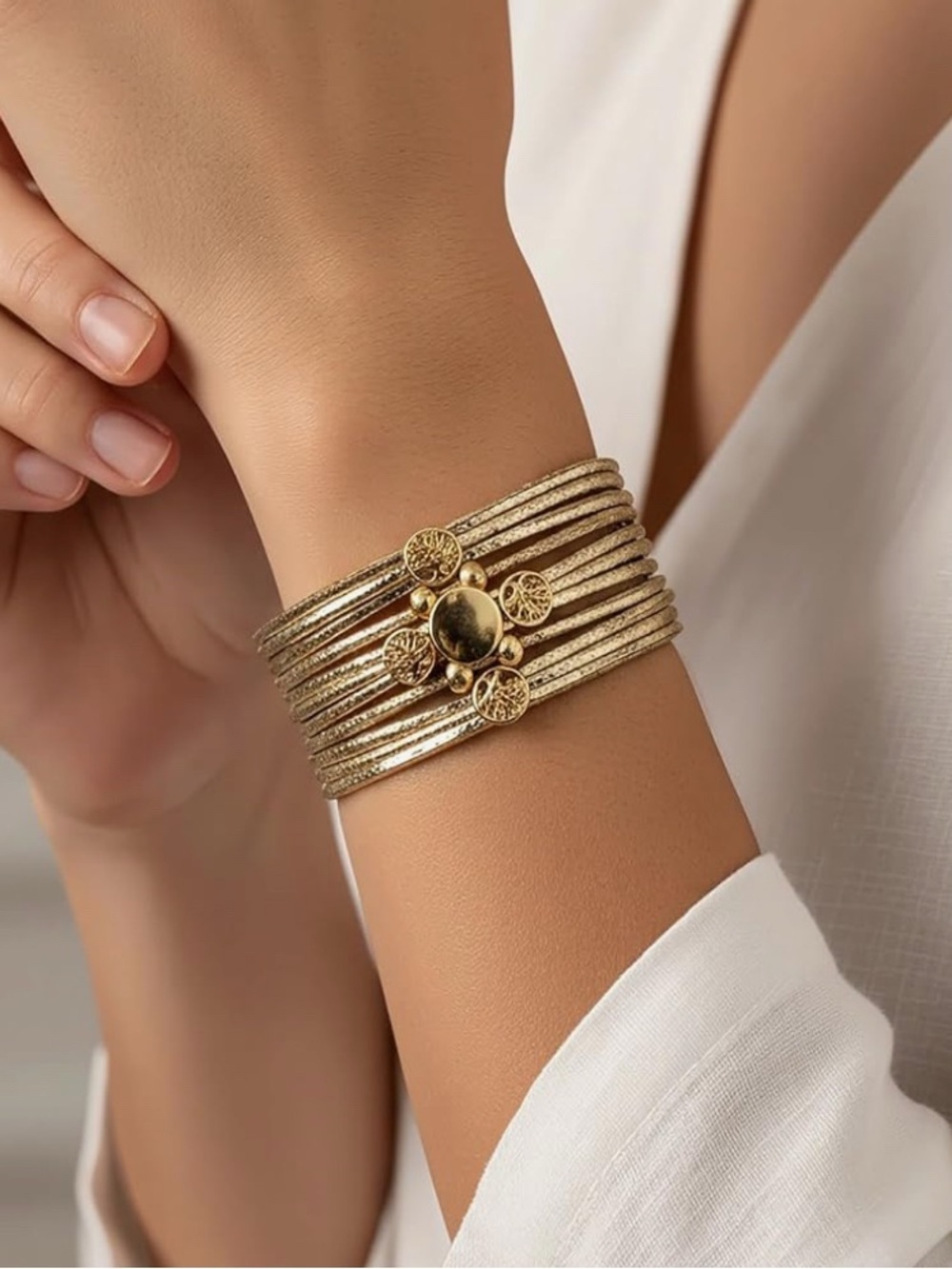 Gold Multi-Row Decorative Cuff Bracelet